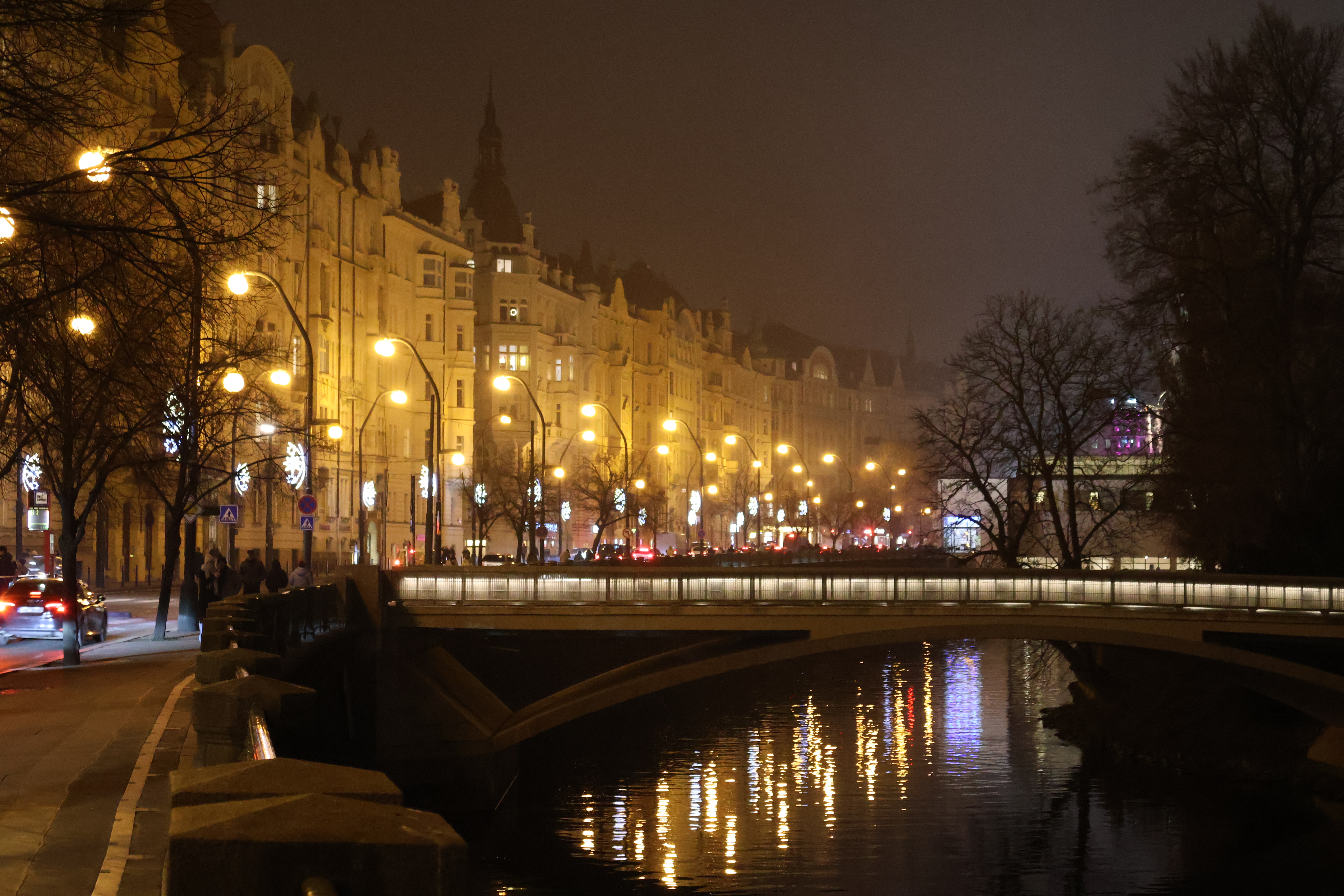 A landscape view of the river at night.